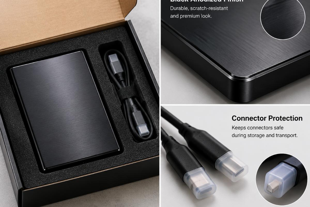 Packaging detail showing black anodized finish and connector protection