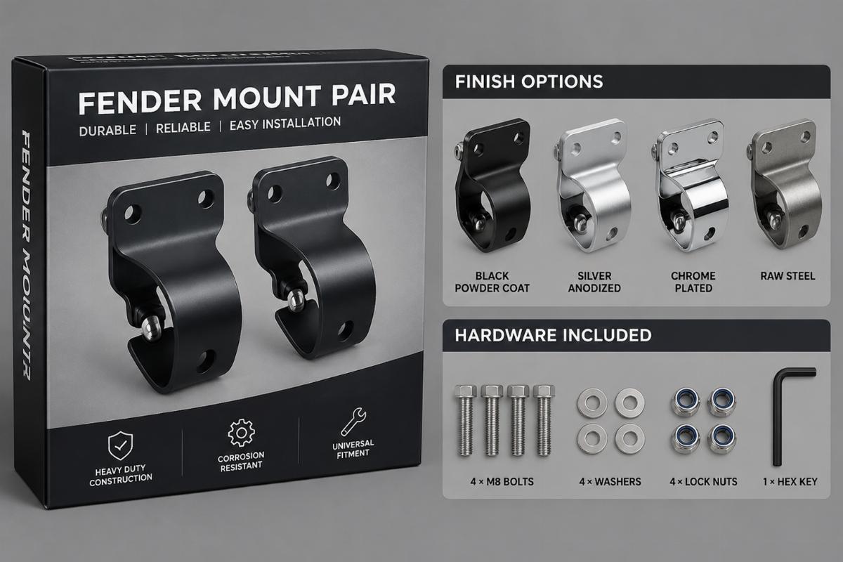 Packaging of fender mount pair showing finish options and hardware included