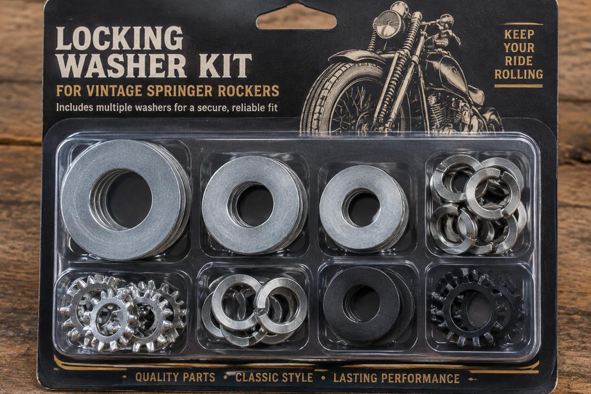 Packaging of locking washer kit for vintage springer rockers including multiple washers
