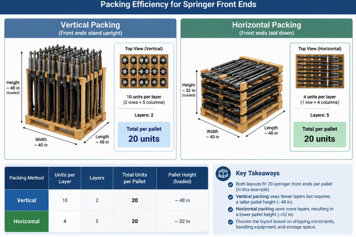 Pallet layout diagram comparing vertical vs. horizontal packing efficiency for springer front ends