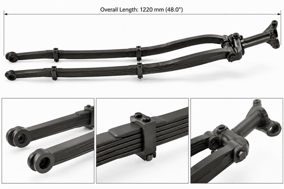 Parkerized leaf spring fork assembly for custom chopper builds showing overall length