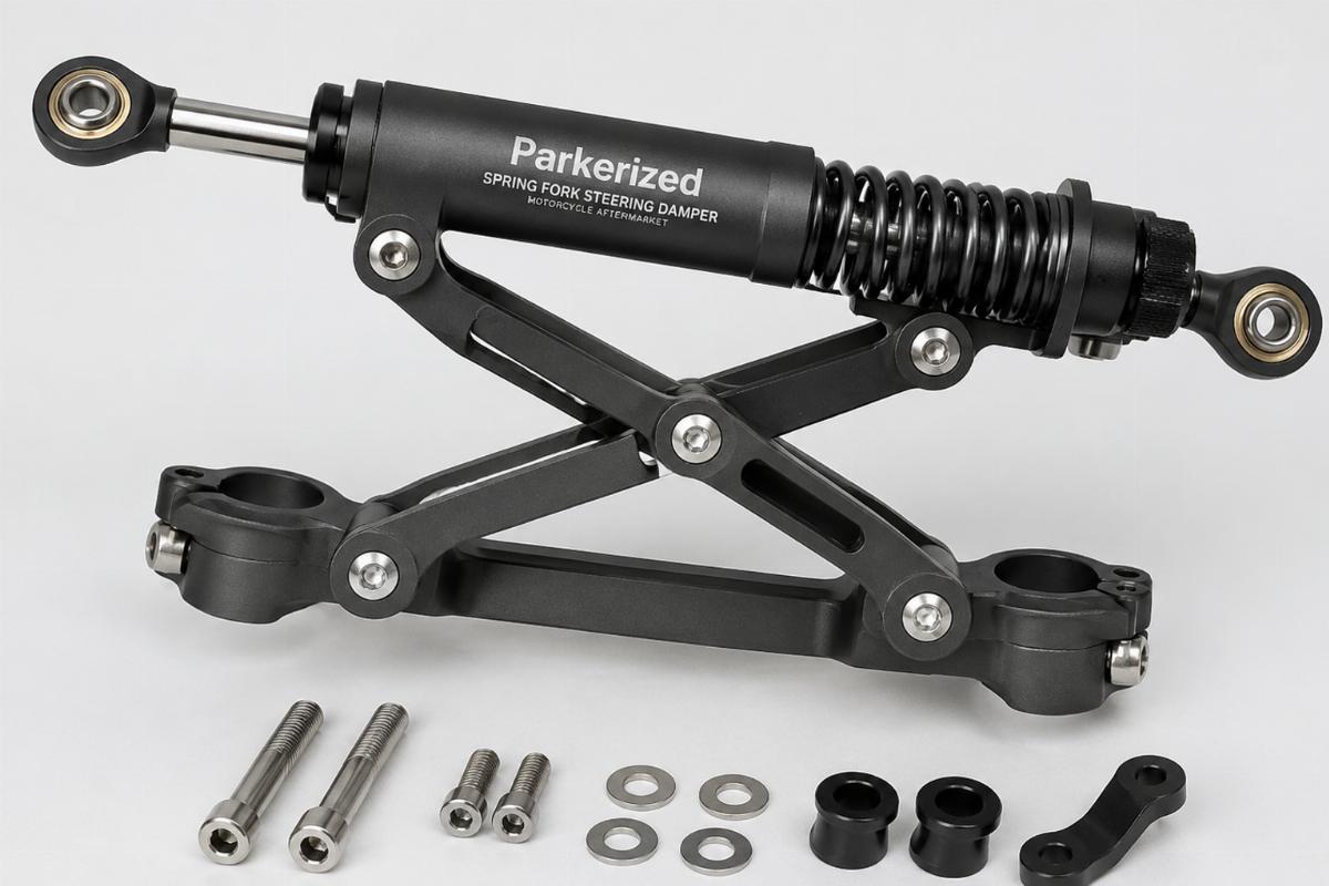 Parkerized spring fork steering damper motorcycle aftermarket scissor mechanism