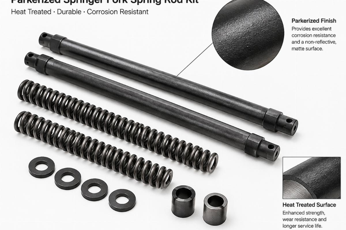 Parkerized springer fork spring rod kit showing heat treated surface finish