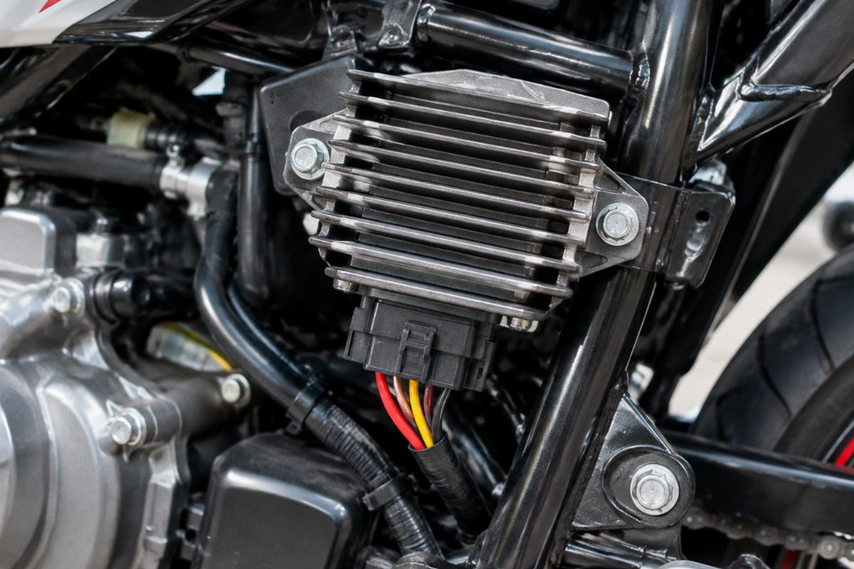 Photo of a high-temperature resistant voltage regulator with enhanced heat sinks installed on a motorcycle frame