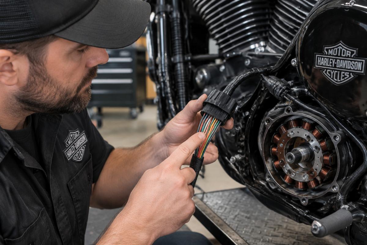Photo of a technician inspecting a Harley-Davidson stator connector and counting output wires
