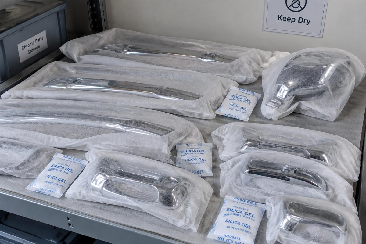 Photo of chrome parts stored with breathable fabric covers and desiccant packs in a dry environment