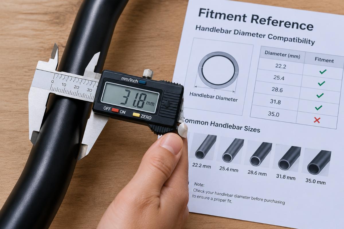 Photo of digital calipers measuring handlebar diameter next to a fitment reference sheet