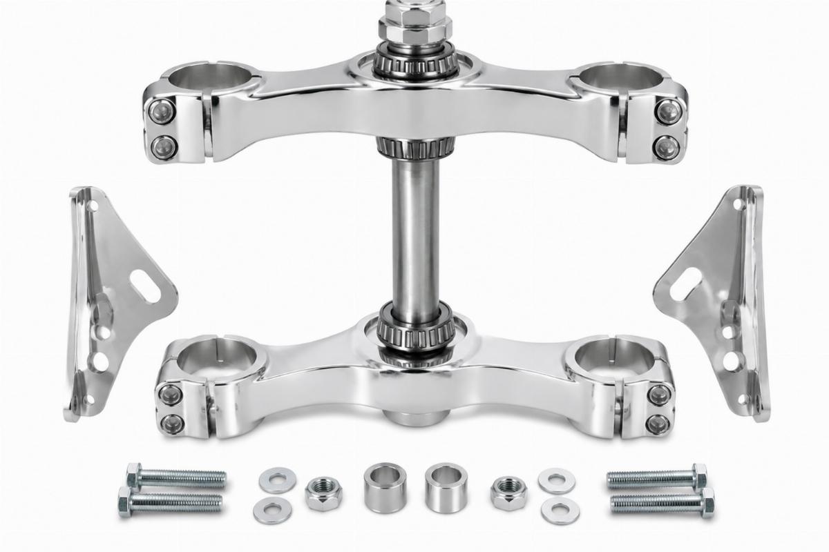 Polished early springer fork triple tree bracket mount kit front view