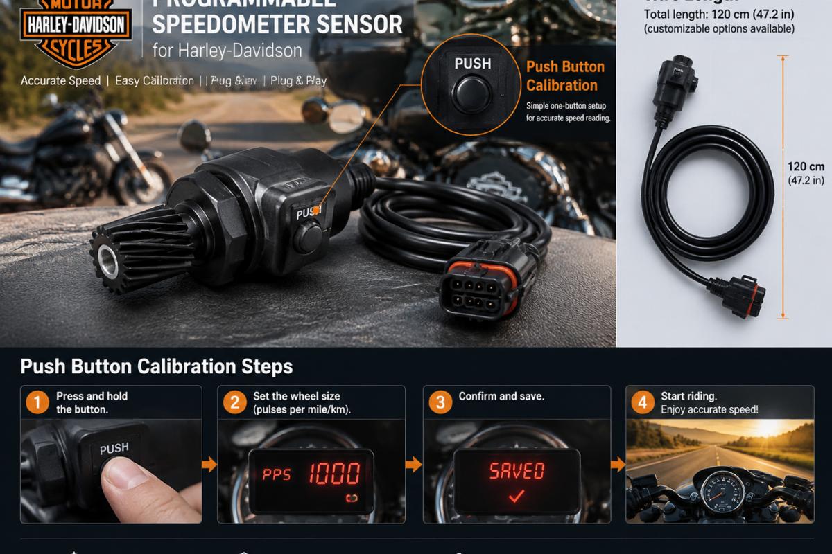 Programmable speedometer sensor for harley-davidson showing push button calibration and wire length