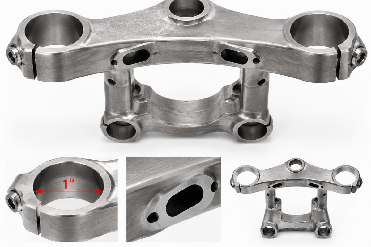 Raw finish inline triple tree for springer fork showing 1 inch bore and cable routing holes