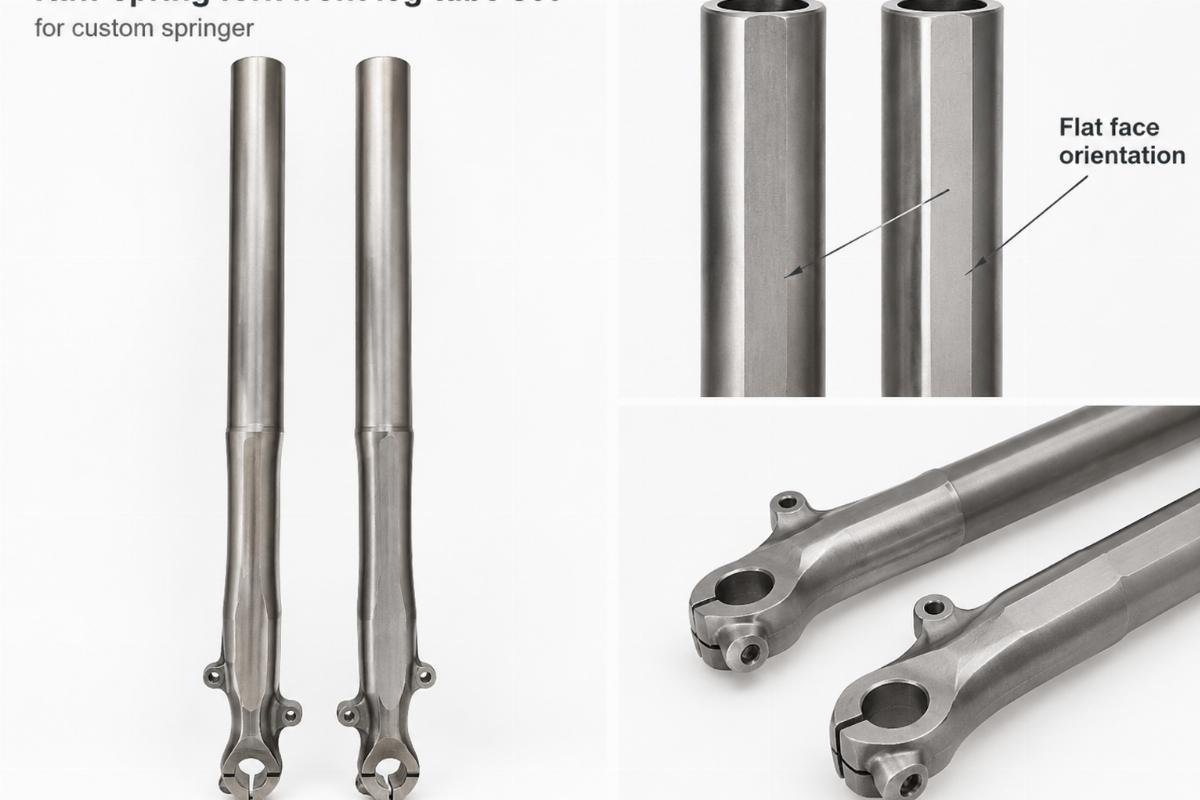 Raw spring fork front leg tube set for custom springer showing flat face orientation