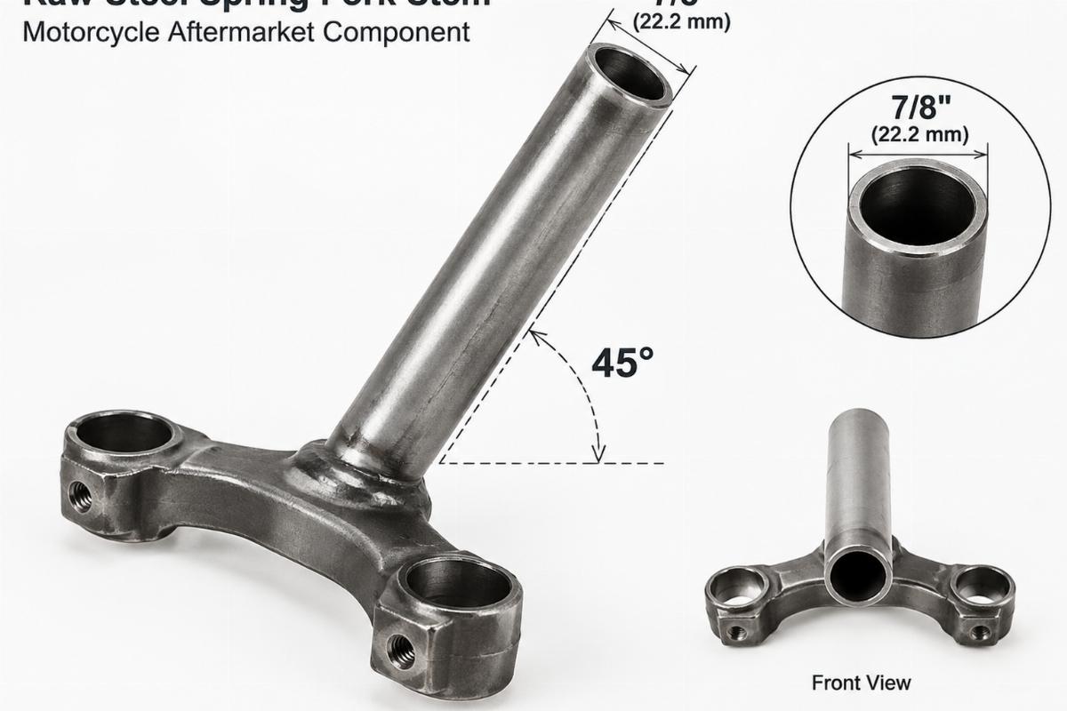 Raw steel spring fork stem motorcycle aftermarket component showing 7/8" diameter and 45-degree angle