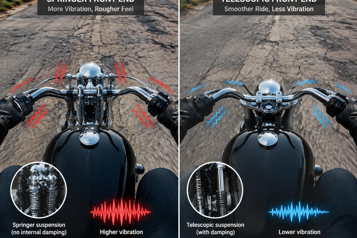 Rider perspective showing handlebar vibration differences between springer and telescopic setups on rough pavement