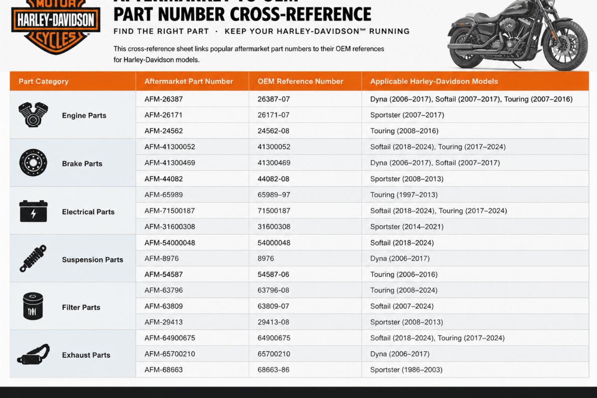 Sample cross-reference sheet linking aftermarket part numbers to OEM references for Harley-Davidson models