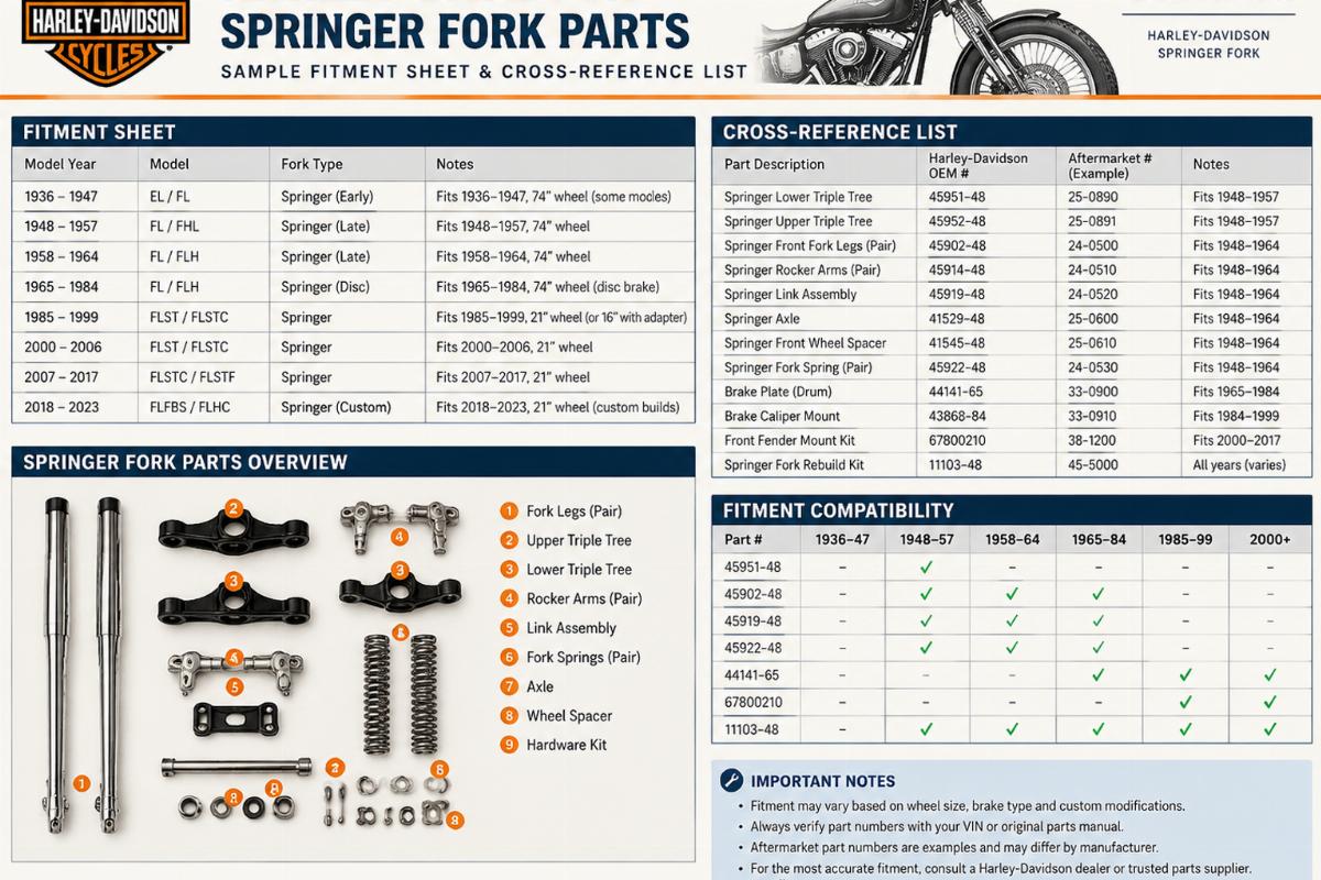 Sample fitment sheet and cross-reference list for Harley-Davidson springer fork parts