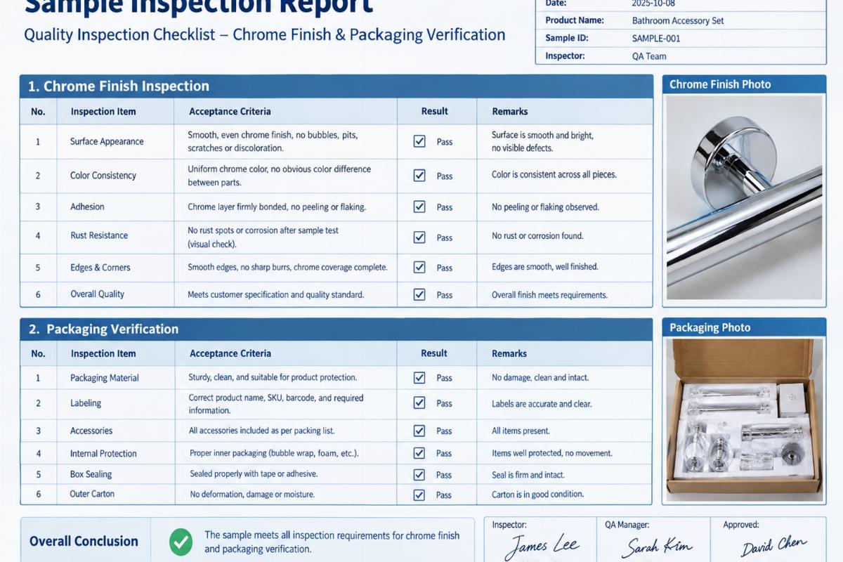 Sample inspection report page showing checklist for chrome finish and packaging verification