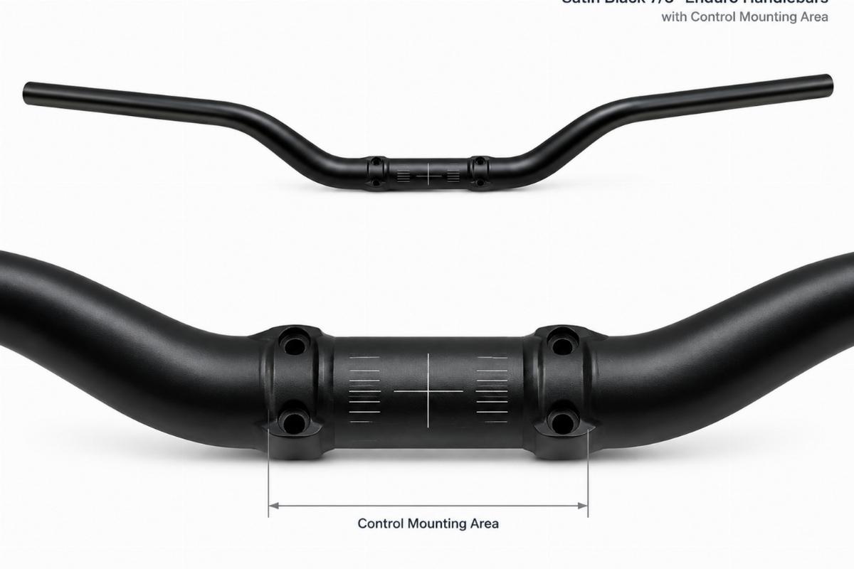 Satin black 7/8" enduro handlebars for motorcycles showing control mounting area
