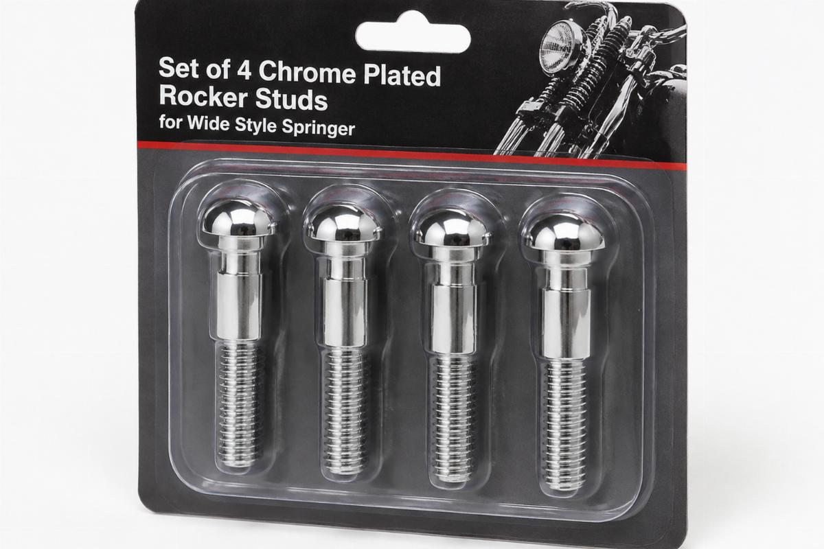 Set of 4 chrome plated rocker studs for wide style springer packaging detail