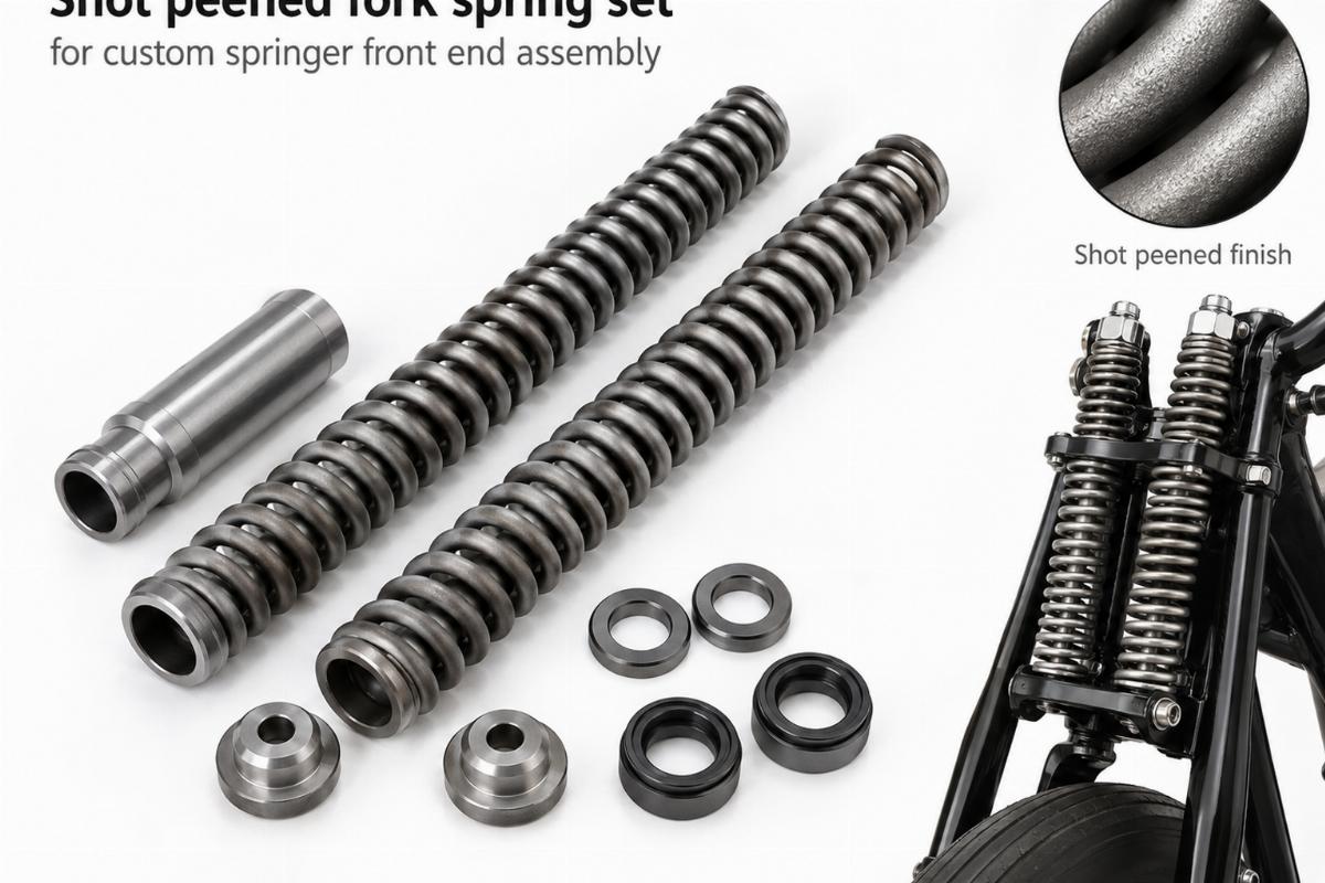 Shot peened fork spring set for custom springer front end assembly