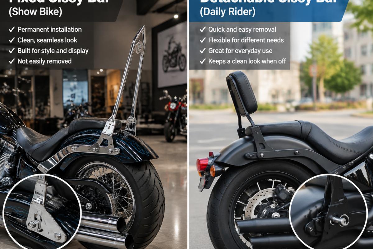 Side-by-side comparison of a fixed sissy bar installed on a show bike versus a detachable unit on a daily rider