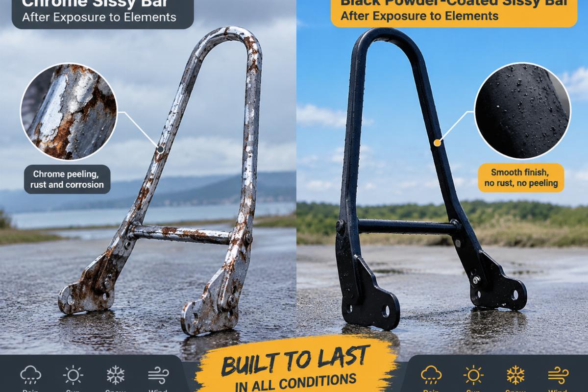 Side-by-side comparison of a peeling chrome sissy bar and a durable black powder-coated sissy bar after exposure to elements