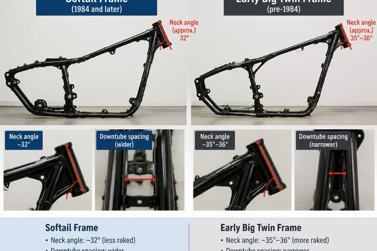 Side-by-side comparison of a Softail frame and an early Big Twin frame highlighting differences in neck angle and downtube spacing