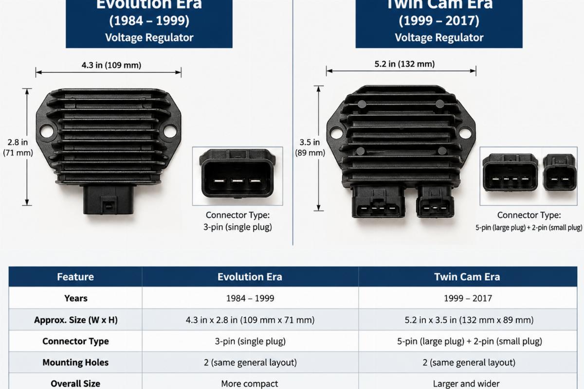 Side-by-side comparison of an Evolution era voltage regulator and a Twin Cam era regulator showing differences in size and connector type