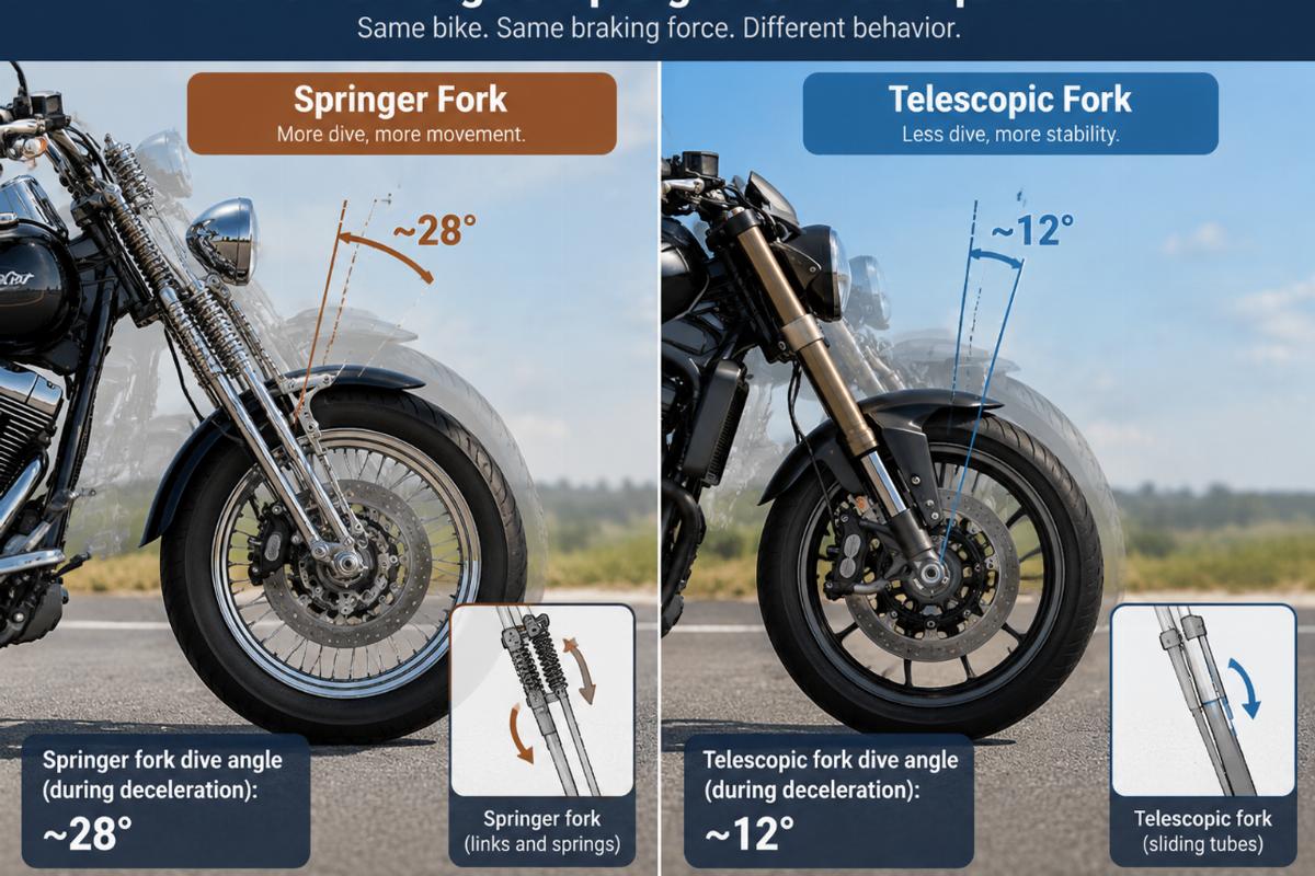 Side-by-side comparison of brake dive angles on springer and telescopic forks during deceleration