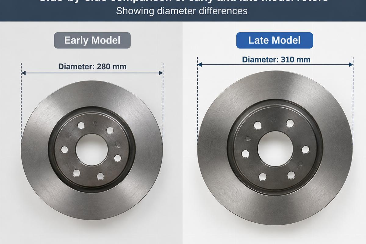 Side-by-side comparison of early and late model rotors showing diameter differences