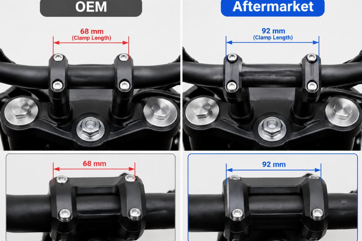 Side-by-side comparison of OEM and aftermarket handlebar clamp areas showing length differences