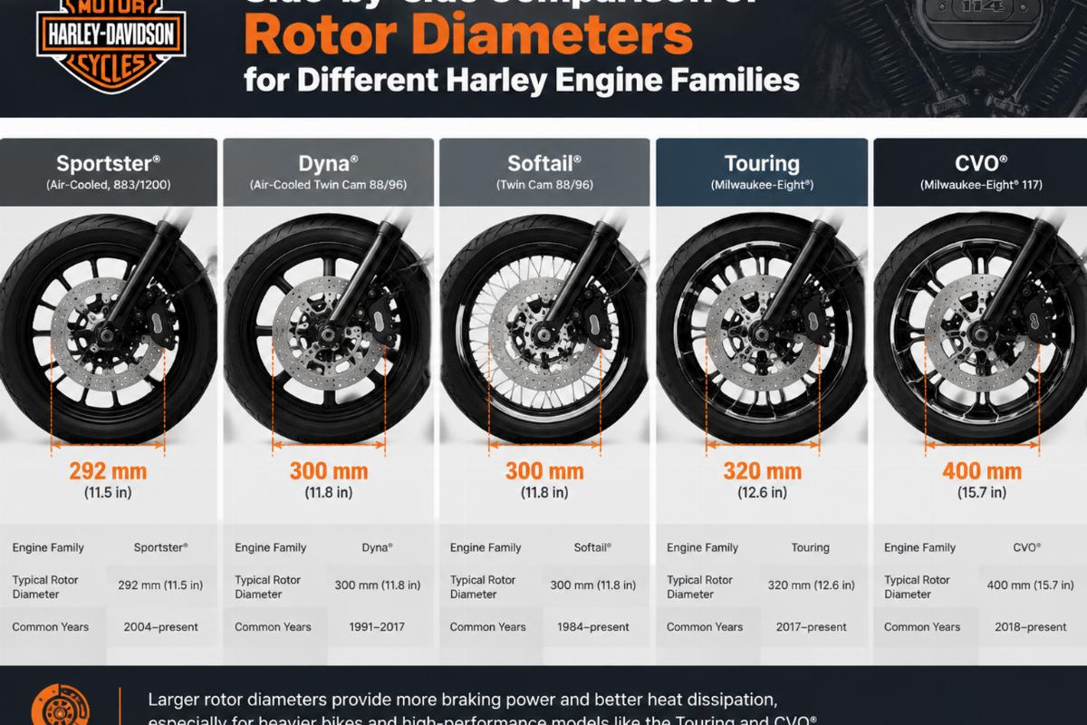 Side-by-side comparison of rotor diameters for different Harley engine families