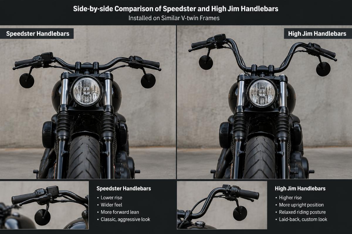 Side-by-side comparison of Speedster and High Jim handlebars installed on similar V-twin frames