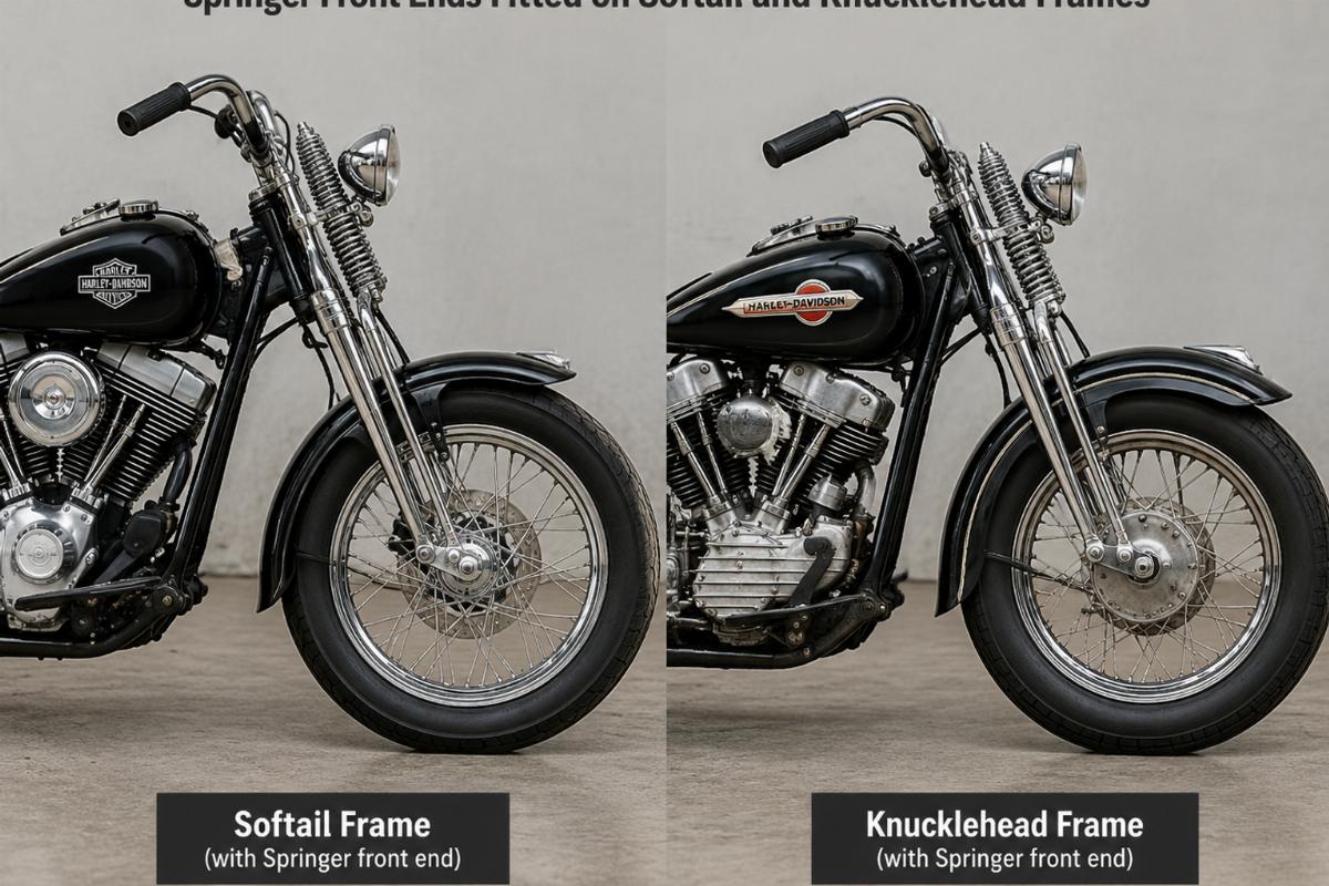 Side-by-side comparison of Springer front ends fitted on Softail and Knucklehead frames