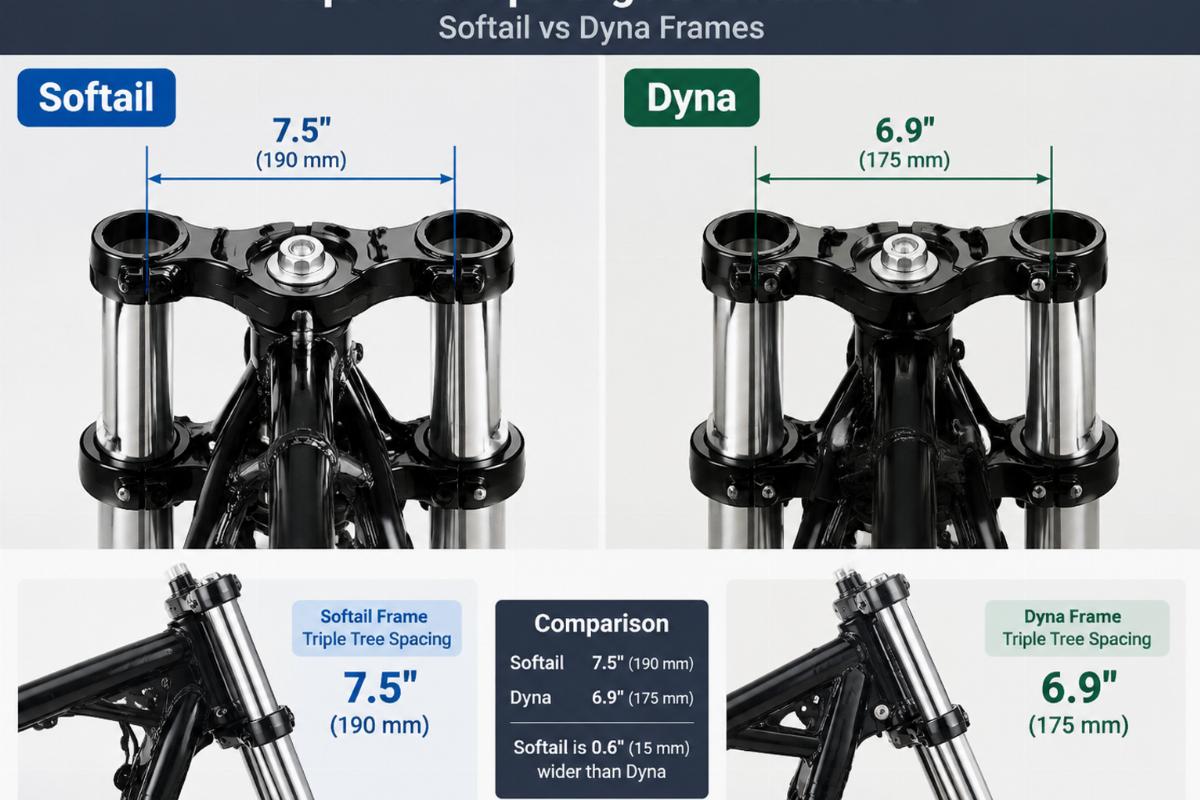 Side-by-side comparison of triple tree spacing measurements on Softail and Dyna frames
