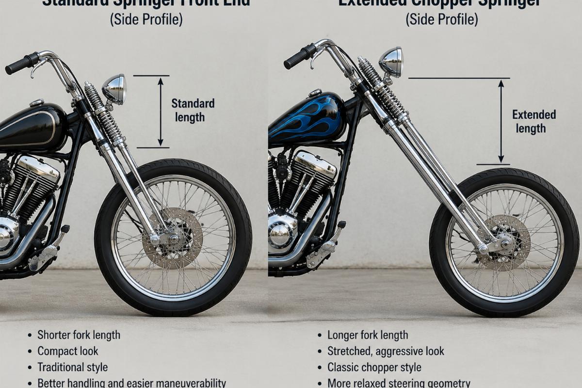 Side profile comparison of a standard springer front end versus an extended chopper springer