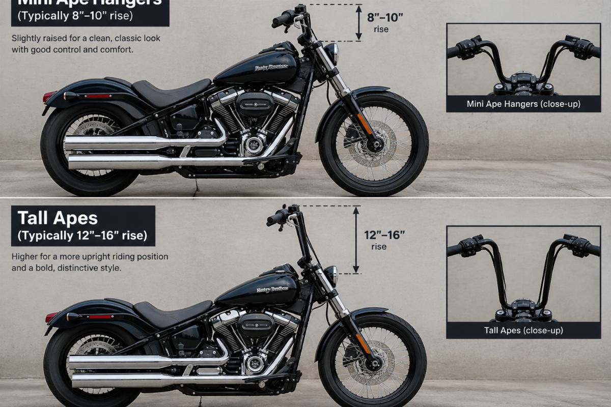 Side profile comparison of mini ape hangers and tall apes on a Softail frame