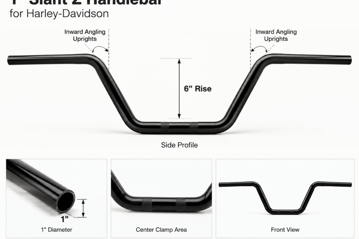 Side profile of 1" slant z handlebar for harley-davidson showing 6 inch rise and inward angling uprights