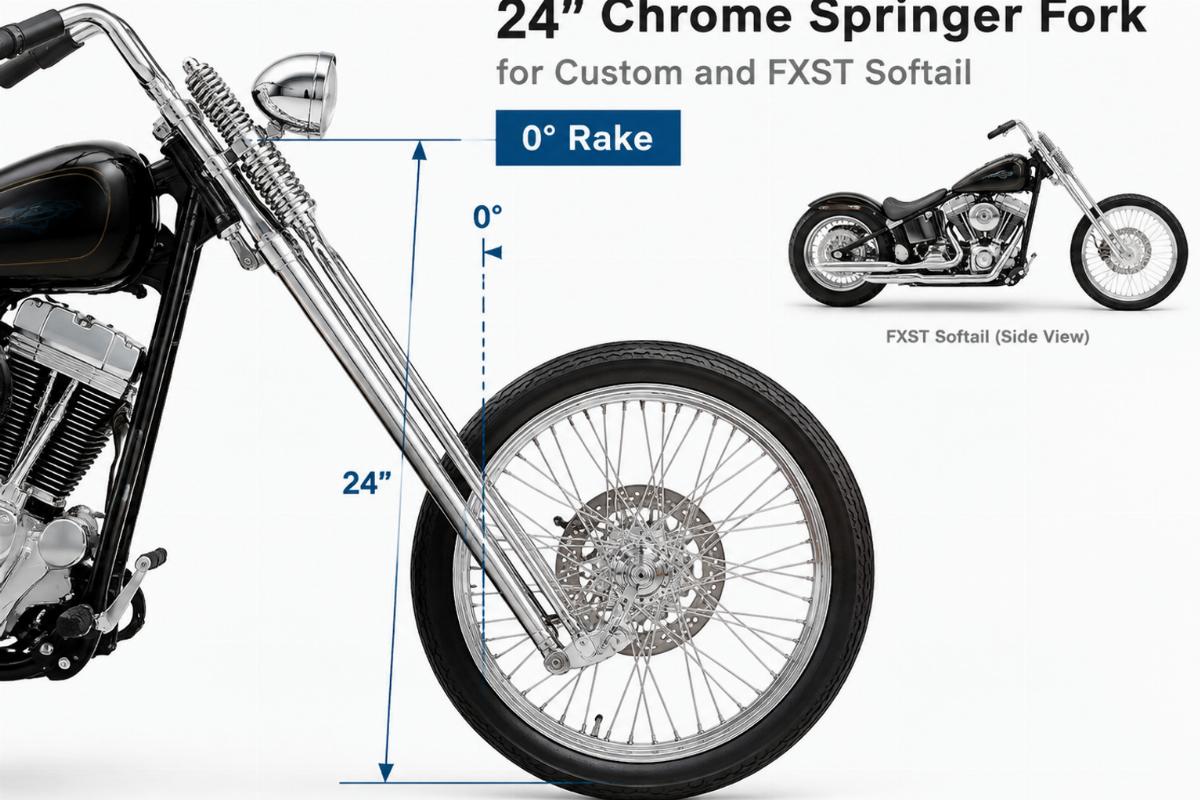 Side profile of 24" chrome springer fork for custom and FXST Softail showing 0 degree rake