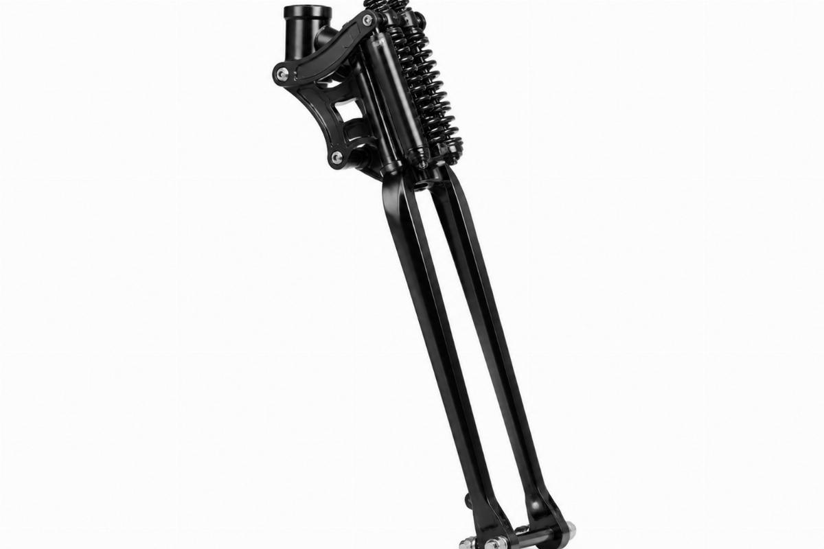 Side profile of 24" custom springer fork kit showing black finish and offset rocker design