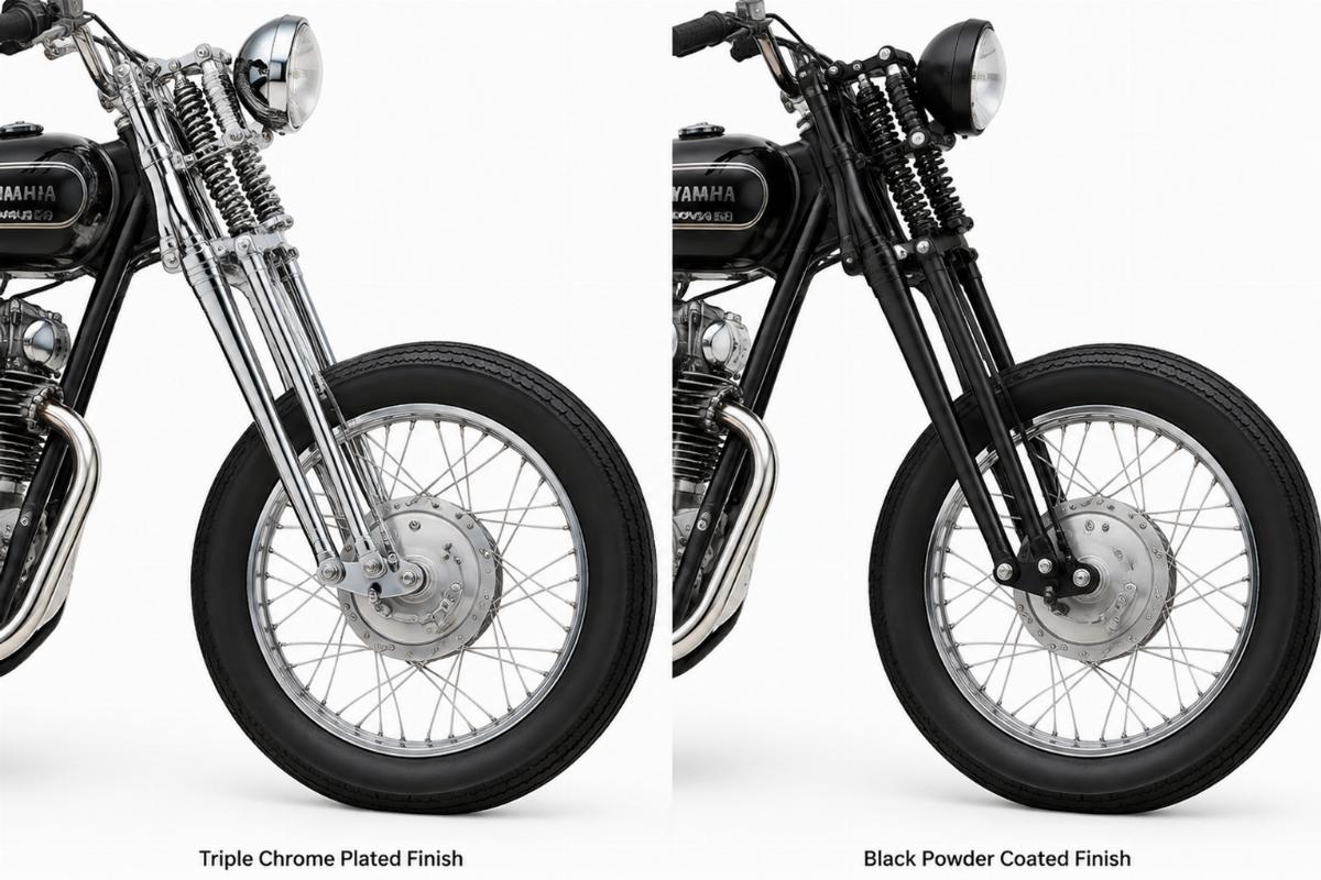 Side profile of aftermarket springer front end for Yamaha XS650 showing triple chrome plated or black powder coated finish options