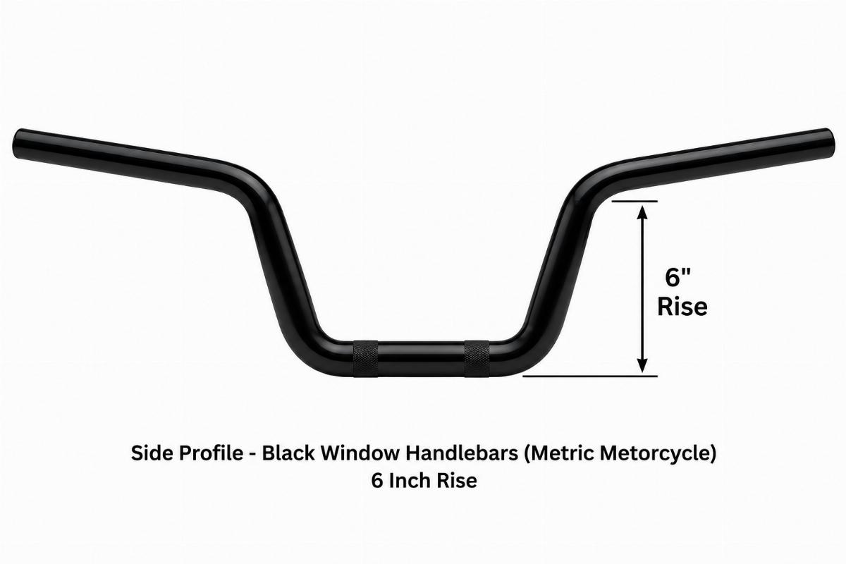 Side profile of black window handlebars for metric motorcycles showing 6 inch rise