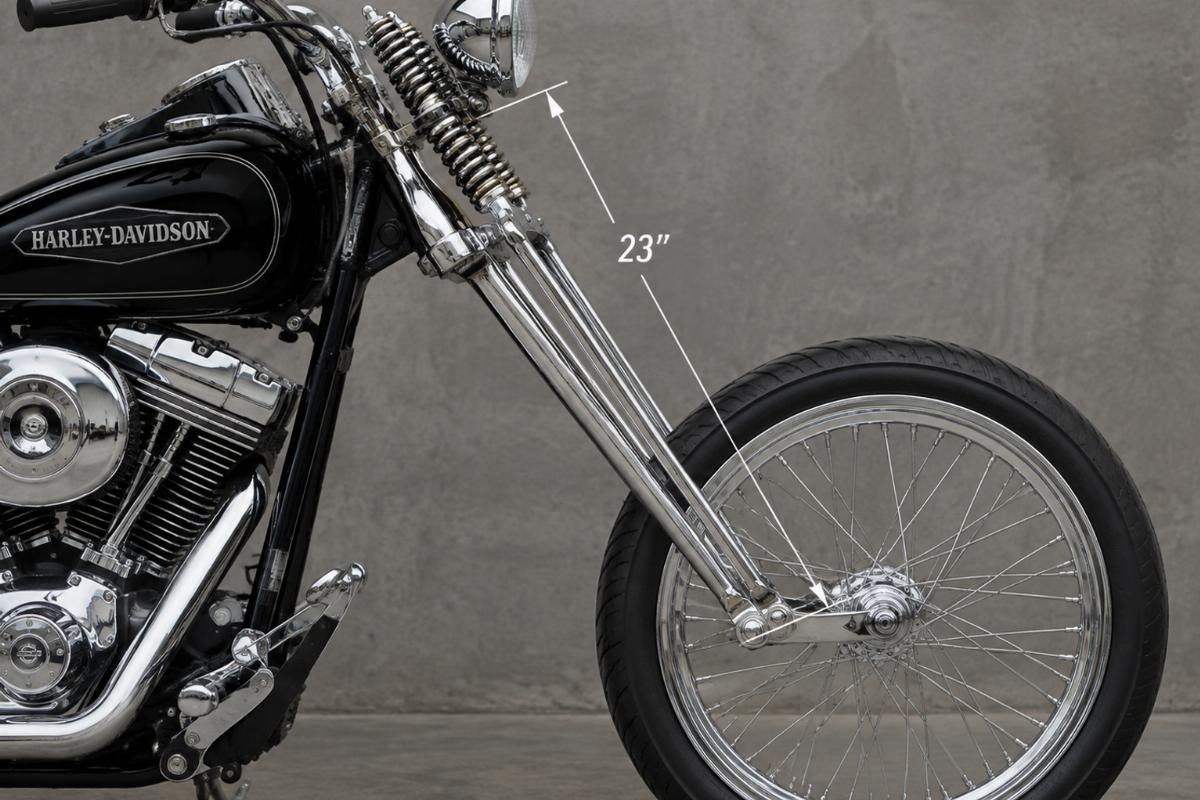 Side profile of custom springer front end for harley-davidson showing chrome finish and 23 inch length