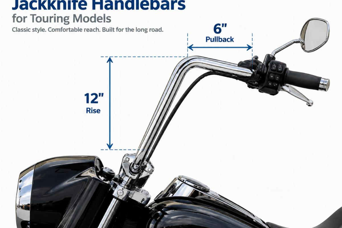 Side profile of jackknife handlebars for touring models showing 12 inch rise and 6 inch pullback