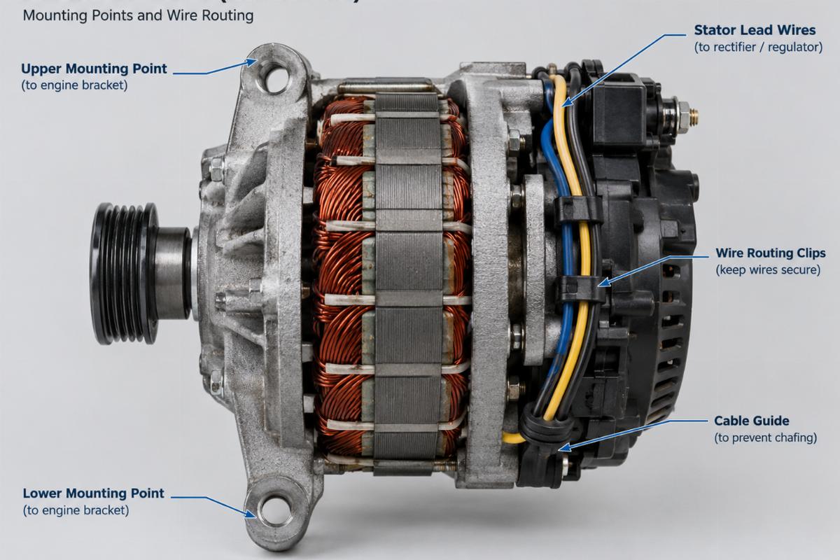 Side profile of the alternator stator showing the mounting points and wire routing