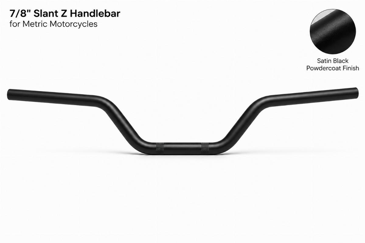 Side profile view of 7/8" slant z handlebars for metric motorcycles showing satin black powdercoat finish