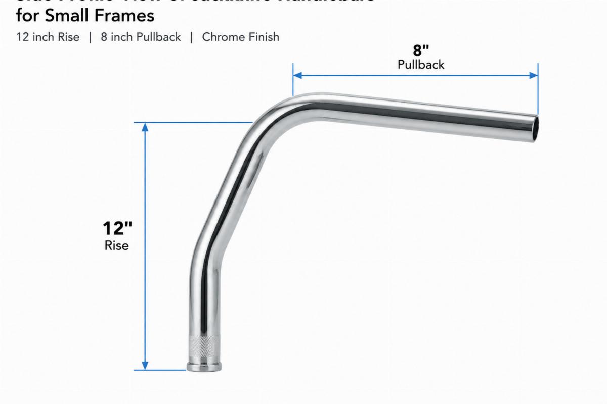 Side profile view of jackknife handlebars for small frames showing 12 inch rise and 8 inch pullback in chrome finish