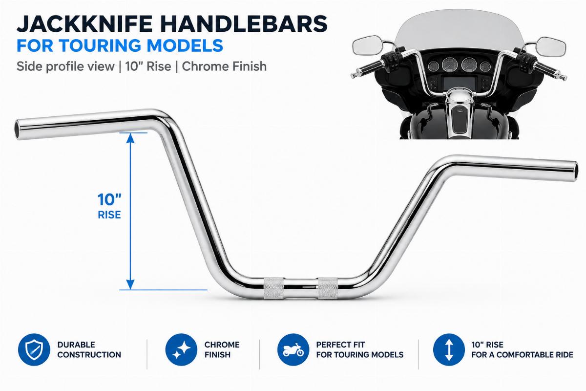 Side profile view of jackknife handlebars for touring models showing 10 inch rise and chrome finish