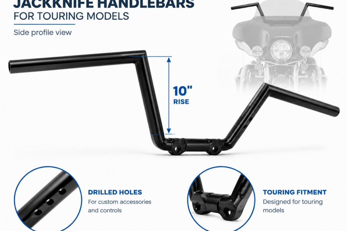 Side profile view of jackknife handlebars for touring models showing 10 inch rise and drilled holes
