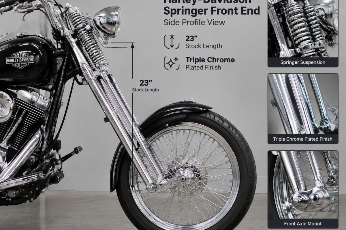 Side profile view of springer front end for harley-davidson showing 23 inch stock length and triple chrome plated finish