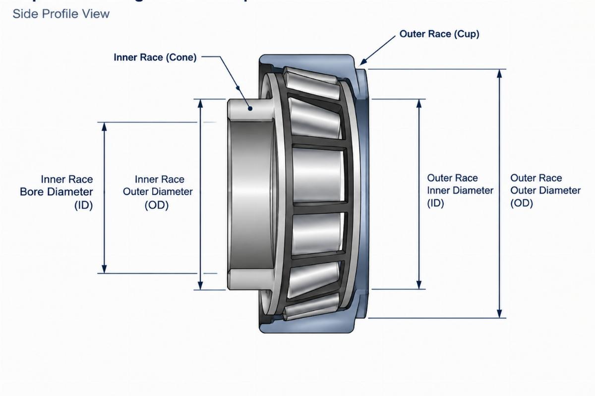 Side profile view of tapered bearing for head cup showing inner and outer race dimensions